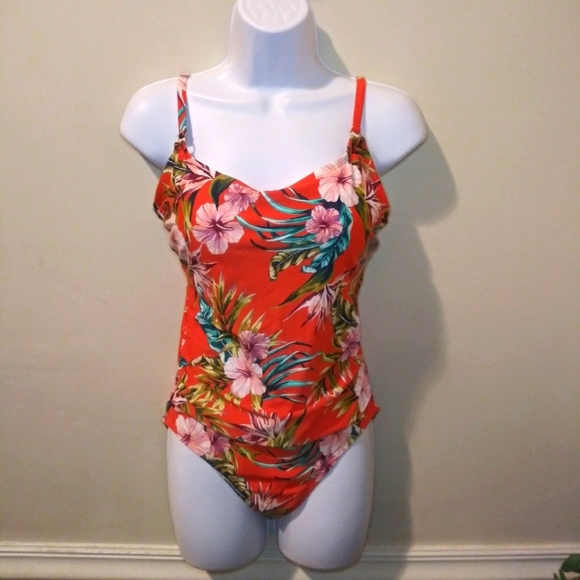 Kona Sol Coral & Multi Floral Hawaiian Print One Piece Ladder Back Swimsuit - Picture 2 of 13